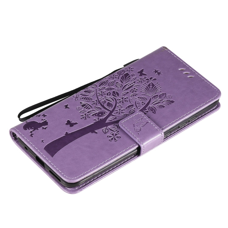 For Nokia 5.3 Tree & Cat Pattern Pressed Printing Horizontal Flip PU Leather Case with Holder & Card Slots & Wallet & Lanyard(Lavender) - Nokia Cases by buy2fix | Online Shopping UK | buy2fix