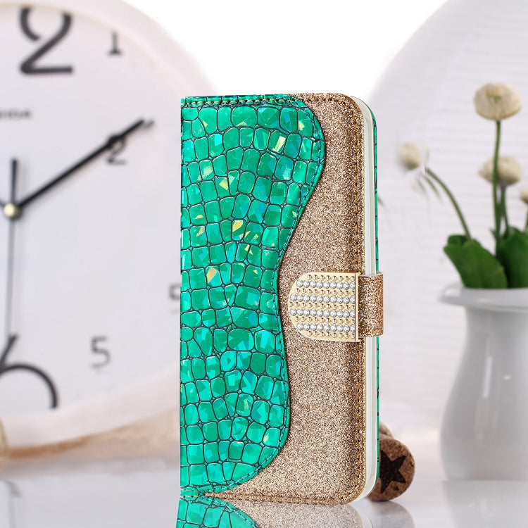 For iPhone 13 Pro Max Laser Glitter Powder Matching Crocodile Texture Horizontal Flip Leather Case with Card Slots & Holder & Wallet (Green) - iPhone 13 Pro Max Cases by buy2fix | Online Shopping UK | buy2fix