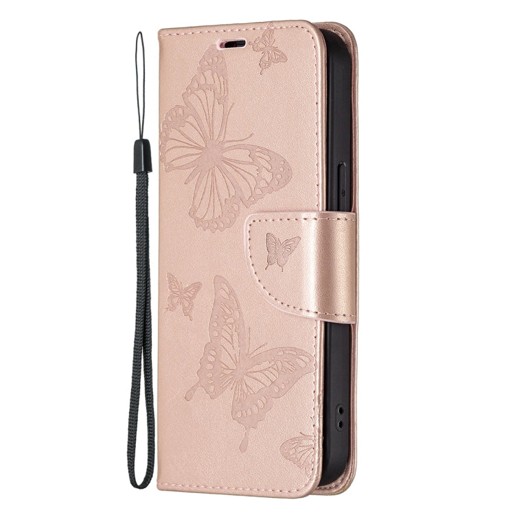 For iPhone 13 Embossing Two Butterflies Pattern Horizontal Flip PU Leather Case with Holder & Card Slot & Wallet & Lanyard(Rose Gold) - iPhone 13 Cases by buy2fix | Online Shopping UK | buy2fix