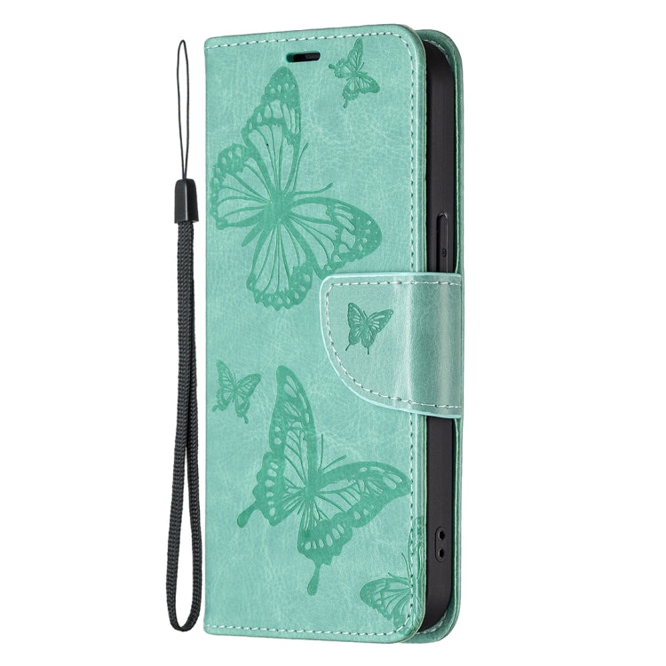 For iPhone 13 Embossing Two Butterflies Pattern Horizontal Flip PU Leather Case with Holder & Card Slot & Wallet & Lanyard(Green) - iPhone 13 Cases by buy2fix | Online Shopping UK | buy2fix