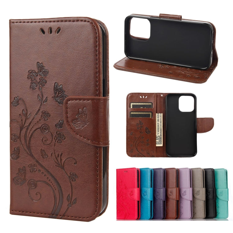 For iPhone 13 Butterfly Flower Pattern Horizontal Flip Leather Case with Holder & Card Slots & Wallet(Brown) - iPhone 13 Cases by buy2fix | Online Shopping UK | buy2fix