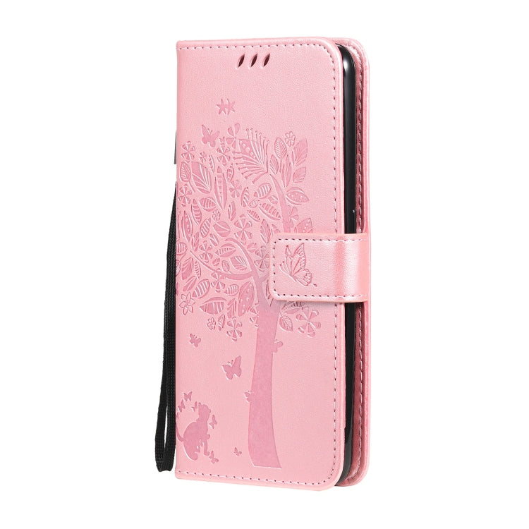 Tree & Cat Pattern Pressed Printing Horizontal Flip PU Leather Case with Holder & Card Slots & Wallet & Lanyard For OPPO Realme GT 5G(Rose Gold) - Realme Cases by buy2fix | Online Shopping UK | buy2fix