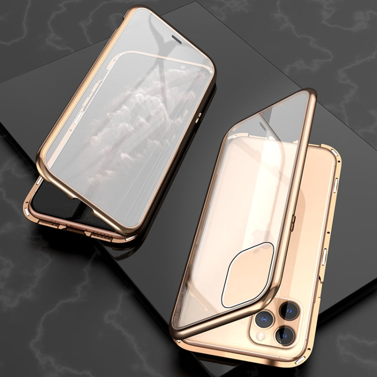 For iPhone 11 Pro Max Ultra Slim Double Sides Magnetic Adsorption Angular Frame Tempered Glass Magnet Flip Case(Gold) - iPhone 11 Pro Max Cases by buy2fix | Online Shopping UK | buy2fix