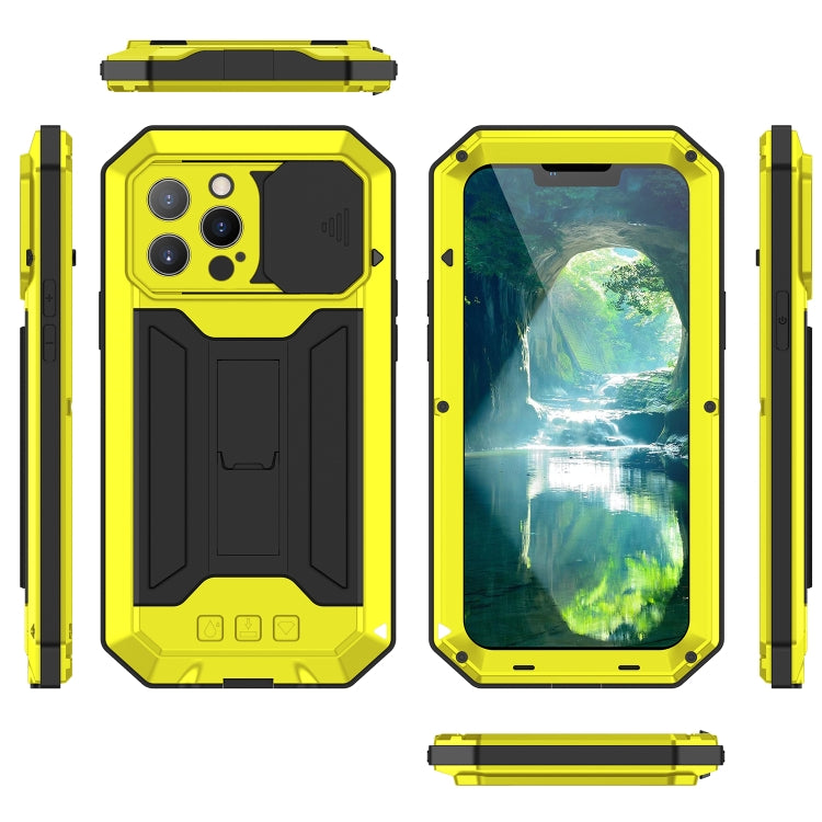 For iPhone 13 Pro Max R-JUST Sliding Camera Shockproof Life Waterproof Dust-proof Metal + Silicone Protective Case with Holder (Yellow) - iPhone 13 Pro Max Cases by R-JUST | Online Shopping UK | buy2fix