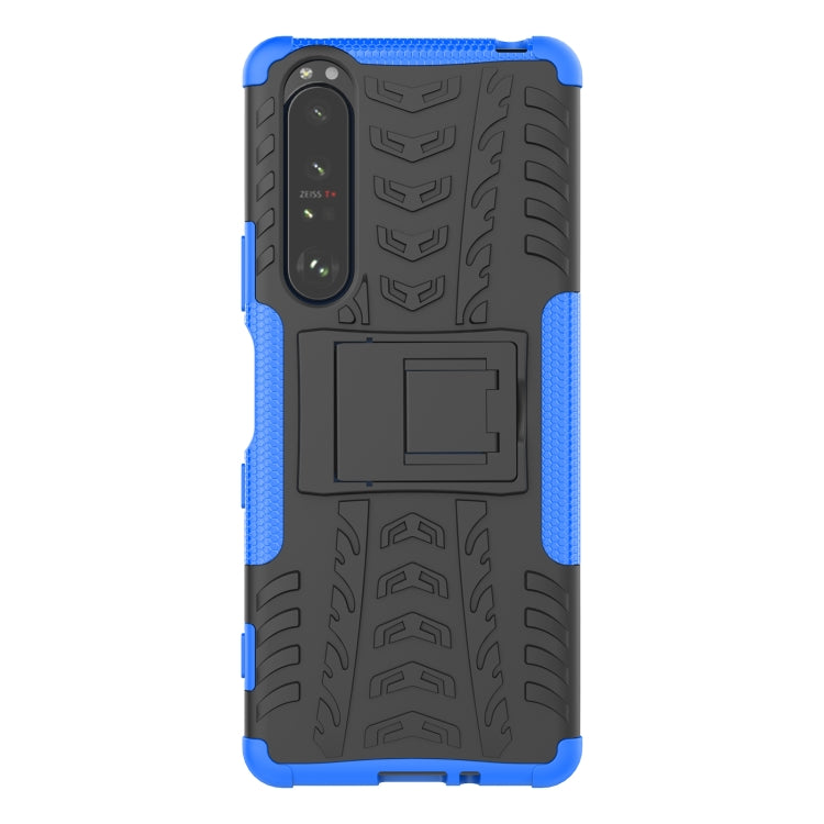 For Sony Xperia 1 III Tire Texture Shockproof TPU+PC Protective Case with Holder(Blue) - Sony Cases by buy2fix | Online Shopping UK | buy2fix