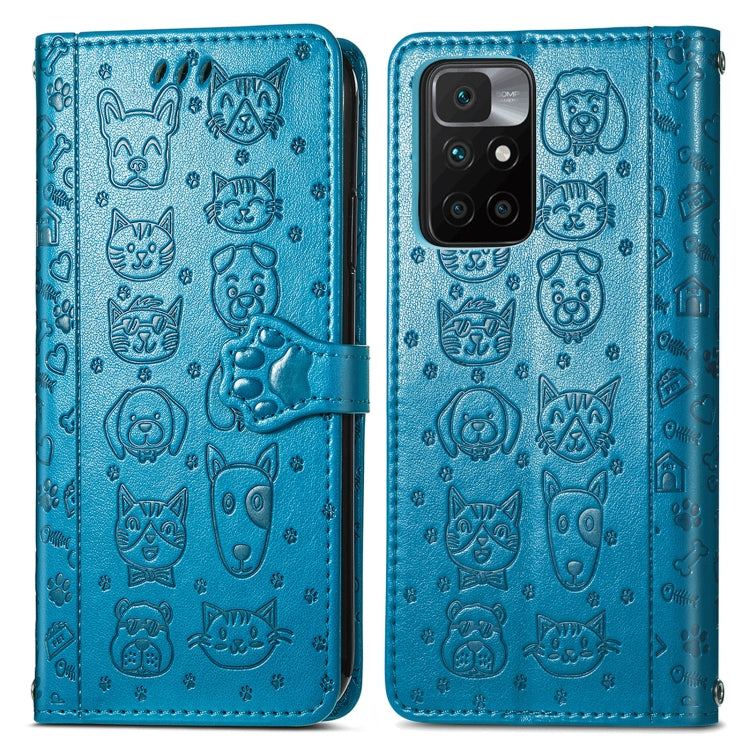 For Xiaomi Redmi 10 Lovely Cat and Dog Embossing Pattern Horizontal Flip Leather Case , with Holder & Card Slots & Wallet & Cartoon Clasp & Lanyard(Blue) - Xiaomi Cases by buy2fix | Online Shopping UK | buy2fix