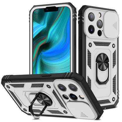 For iPhone 13 Pro Max Sliding Camera Cover Design TPU + PC Protective Case with 360 Degree Rotating Holder & Card Slot (White+Black) - iPhone 13 Pro Max Cases by buy2fix | Online Shopping UK | buy2fix