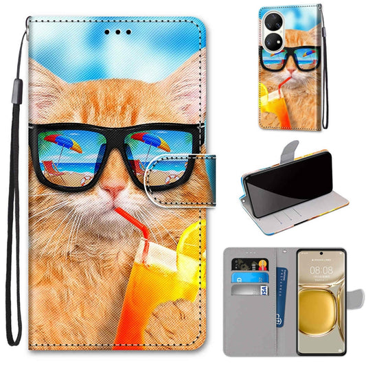 For Huawei P50 Pro Coloured Drawing Cross Texture Horizontal Flip PU Leather Case with Holder & Card Slots & Wallet & Lanyard(Cat Drinking Soda) - Huawei Cases by buy2fix | Online Shopping UK | buy2fix