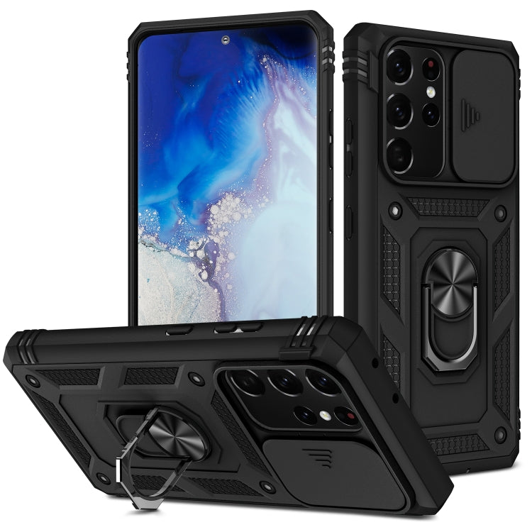 For Samsung Galaxy S21 Ultra 5G Sliding Camera Cover Design TPU + PC Protective Case with 360 Degree Rotating Holder & Card Slot(Black+Black) - Galaxy S21 Ultra 5G Cases by buy2fix | Online Shopping UK | buy2fix