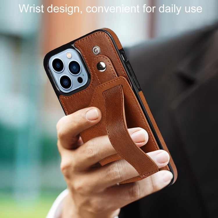 For iPhone 13 Pro Crazy Horse Texture Shockproof TPU + PU Leather Case with Card Slot & Wrist Strap Holder (Brown) - iPhone 13 Pro Cases by buy2fix | Online Shopping UK | buy2fix