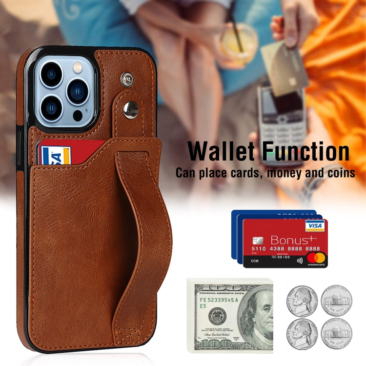 For iPhone 13 Pro Crazy Horse Texture Shockproof TPU + PU Leather Case with Card Slot & Wrist Strap Holder (Brown) - iPhone 13 Pro Cases by buy2fix | Online Shopping UK | buy2fix