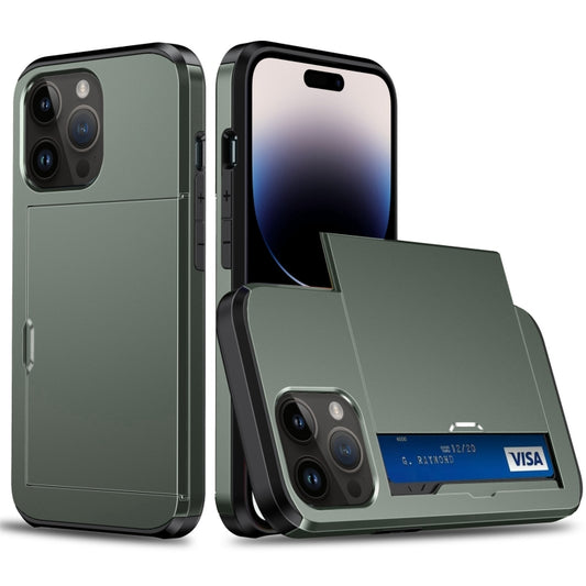 For iPhone 14 Pro Shockproof Armor Protective Phone Case with Slide Card Slot (Army Green) - iPhone 14 Pro Cases by buy2fix | Online Shopping UK | buy2fix