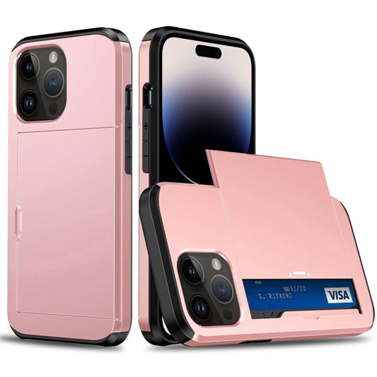 For iPhone 14 Pro Shockproof Armor Protective Phone Case with Slide Card Slot (Rose Gold) - iPhone 14 Pro Cases by buy2fix | Online Shopping UK | buy2fix