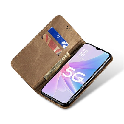 For OPPO A98 5G Denim Texture Casual Style Horizontal Flip Leather Case(Khaki) - OPPO Cases by buy2fix | Online Shopping UK | buy2fix