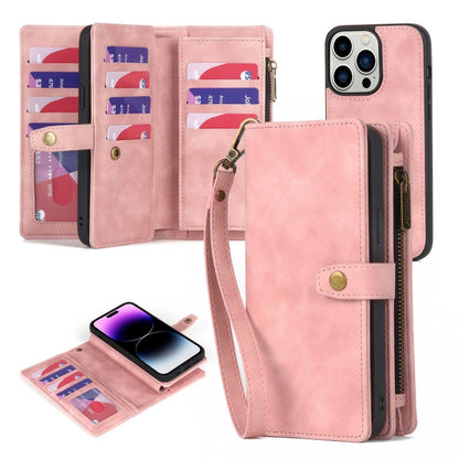 For iPhone 14 Pro Max Zipper Wallet Detachable MagSafe Leather Phone Case(Pink) - iPhone 14 Pro Max Cases by buy2fix | Online Shopping UK | buy2fix