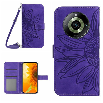 For Realme 11 Pro Skin Feel Sun Flower Embossed Flip Leather Phone Case with Lanyard(Dark Purple) - Realme Cases by buy2fix | Online Shopping UK | buy2fix