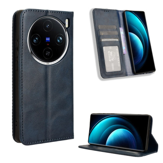For vivo X100 5G Magnetic Buckle Retro Texture Leather Phone Case(Blue) - X100 Cases by buy2fix | Online Shopping UK | buy2fix