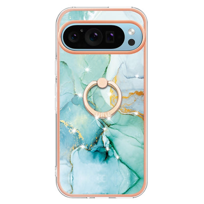 For Google Pixel 9 Pro XL Electroplating Marble IMD TPU Phone Case with Ring Holder(Green 003) - Google Cases by buy2fix | Online Shopping UK | buy2fix