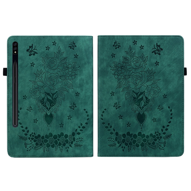 For Samsung Galaxy Tab S9+ Butterfly Rose Embossed Leather Tablet Case(Green) - Galaxy Tab S9+ Cases by buy2fix | Online Shopping UK | buy2fix