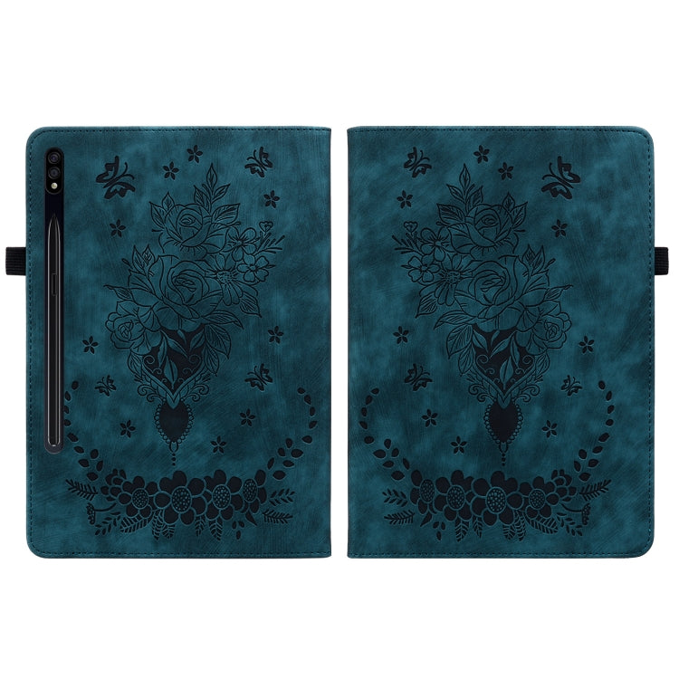 For Samsung Galaxy Tab S9+ Butterfly Rose Embossed Leather Tablet Case(Dark Blue) - Galaxy Tab S9+ Cases by buy2fix | Online Shopping UK | buy2fix