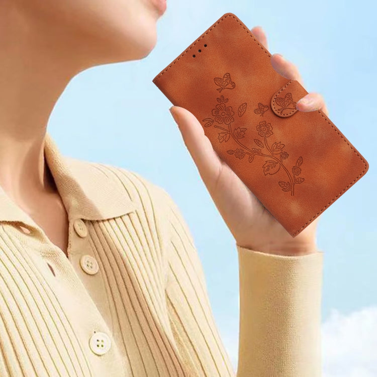 For iPhone 16 Plus Flower Butterfly Embossing Pattern Leather Phone Case(Brown) - iPhone 16 Plus Cases by buy2fix | Online Shopping UK | buy2fix