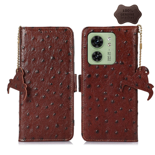 For Motorola Edge 40 Ostrich Pattern Genuine Leather RFID Phone Case(Coffee) - Motorola Cases by buy2fix | Online Shopping UK | buy2fix