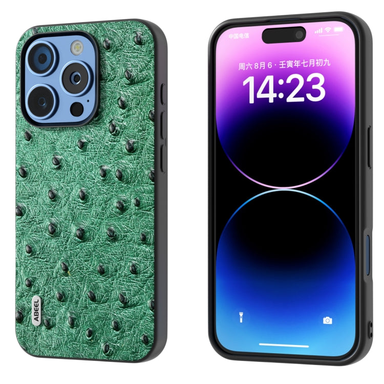 For iPhone 16 Pro Max ABEEL Genuine Leather Ostrich Texture Phone Case(Green) - iPhone 16 Pro Max Cases by buy2fix | Online Shopping UK | buy2fix