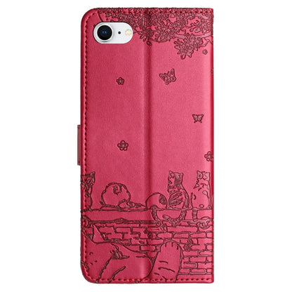 For iPhone SE 2024 Cat Embossing Pattern Leather Phone Case with Lanyard(Red) - More iPhone Cases by buy2fix | Online Shopping UK | buy2fix