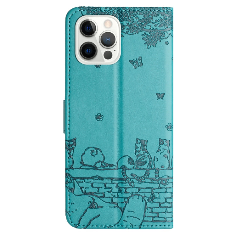 For iPhone 16 Pro Cat Embossing Pattern Leather Phone Case with Lanyard(Blue) - iPhone 16 Pro Cases by buy2fix | Online Shopping UK | buy2fix