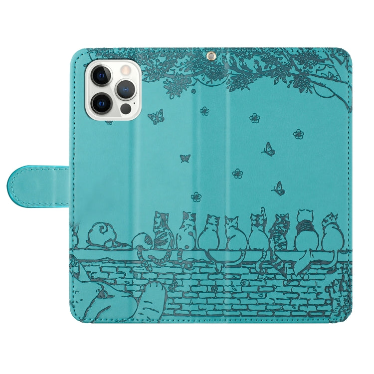 For iPhone 16 Pro Cat Embossing Pattern Leather Phone Case with Lanyard(Blue) - iPhone 16 Pro Cases by buy2fix | Online Shopping UK | buy2fix