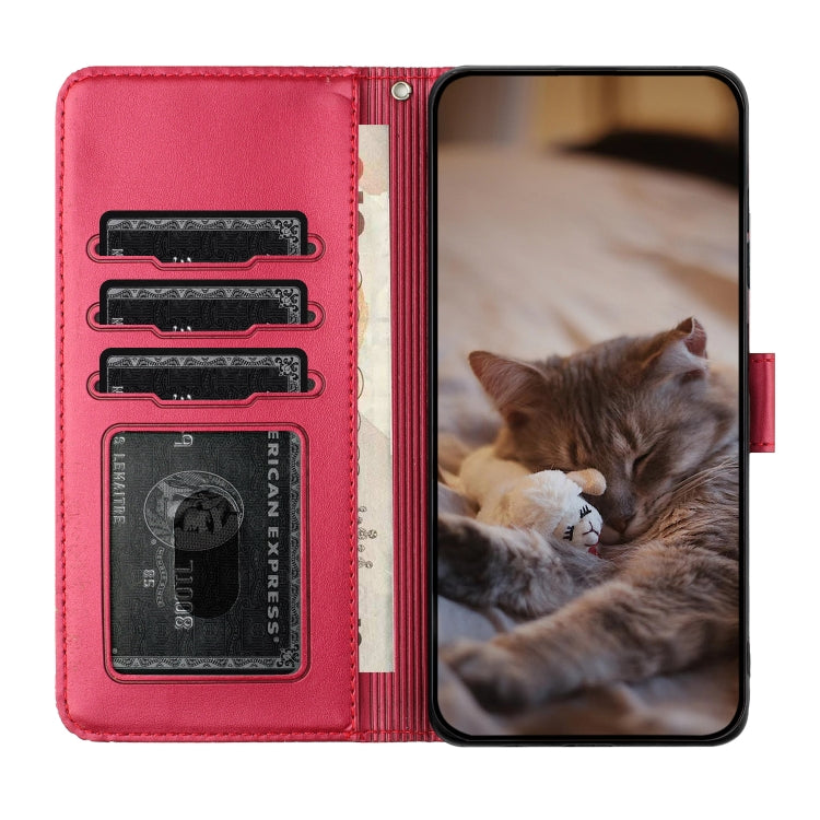 For Samsung Galaxy S21 Ultra Cat Embossing Pattern Leather Phone Case with Lanyard(Red) - Galaxy S21 Ultra 5G Cases by buy2fix | Online Shopping UK | buy2fix