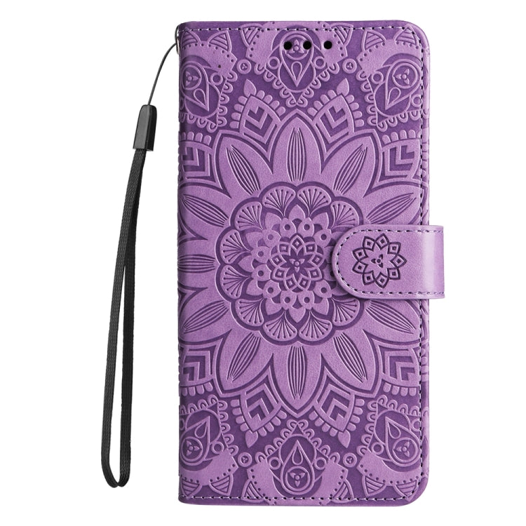 For iPhone 16 Embossed Sunflower Leather Phone Case(Purple) - iPhone 16 Cases by buy2fix | Online Shopping UK | buy2fix