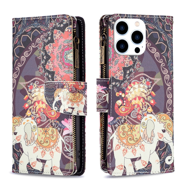 For iPhone 16 Pro Colored Drawing Pattern Zipper Phone Leather Case(Flower Elephant) - iPhone 16 Pro Cases by buy2fix | Online Shopping UK | buy2fix