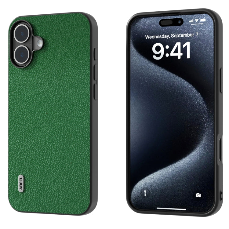 For iPhone 16 ABEEL Black Edge Genuine Leather Mino Phone Case(Green) - iPhone 16 Cases by buy2fix | Online Shopping UK | buy2fix