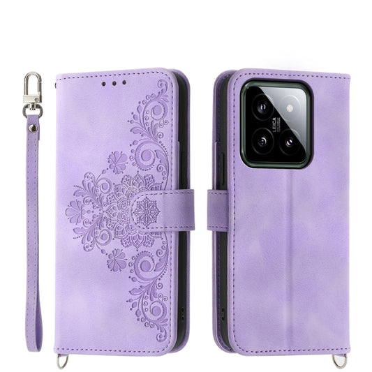 For Xiaomi 14 Skin-feel Flowers Embossed Wallet Leather Phone Case(Purple) - 14 Cases by buy2fix | Online Shopping UK | buy2fix