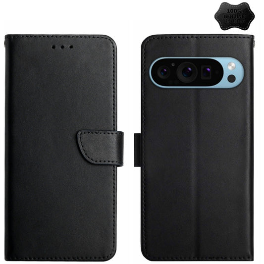 For Google Pixel 9 Pro HT02 Genuine Leather Fingerprint-proof Flip Phone Case(Black) - Google Cases by buy2fix | Online Shopping UK | buy2fix