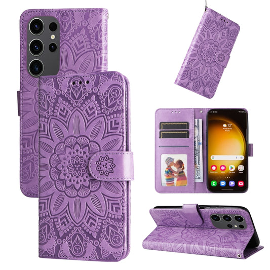 For Samsung Galaxy S24 Ultra Embossed Sunflower Leather Phone Case(Purple) - Galaxy S24 Ultra 5G Cases by buy2fix | Online Shopping UK | buy2fix