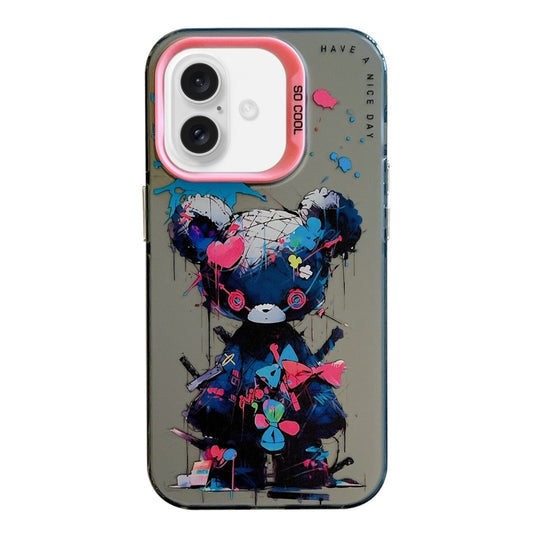 For iPhone 16 Animal Pattern Oil Painting Series PC + TPU Phone Case(Tattered Bear) - iPhone 16 Cases by buy2fix | Online Shopping UK | buy2fix