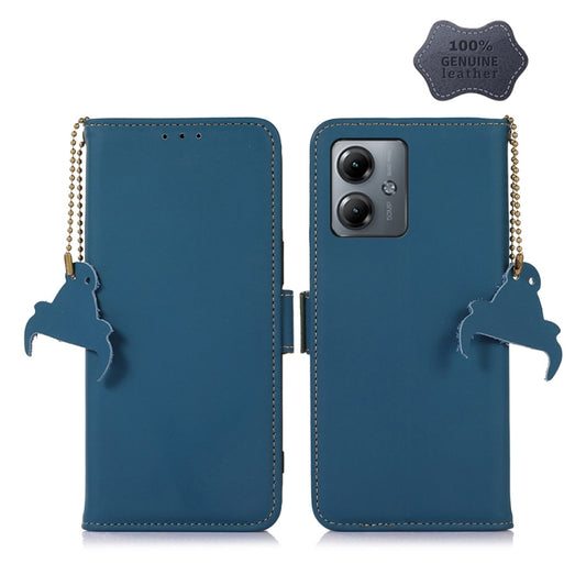 For Motorola Moto G14 4G Genuine Leather Magnetic RFID Leather Phone Case(Blue) - Motorola Cases by buy2fix | Online Shopping UK | buy2fix