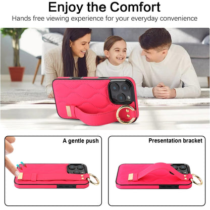 For iPhone 16 Pro Non-slip Full Coverage Ring PU Phone Case with Wristband(Rose Red) - iPhone 16 Pro Cases by buy2fix | Online Shopping UK | buy2fix