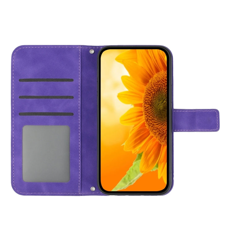 For Motorola Moto G Play 4G 2024 HT04 Skin Feel Sun Flower Embossed Flip Leather Phone Case with Lanyard(Dark Purple) - Motorola Cases by buy2fix | Online Shopping UK | buy2fix