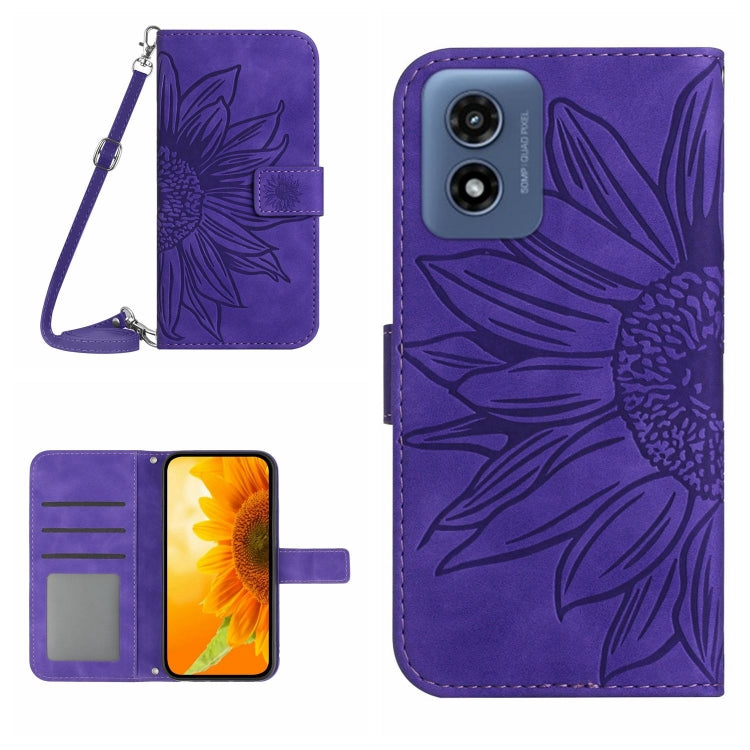 For Motorola Moto G Play 5G 2024 HT04 Skin Feel Sun Flower Embossed Flip Leather Phone Case with Lanyard(Dark Purple) - Motorola Cases by buy2fix | Online Shopping UK | buy2fix