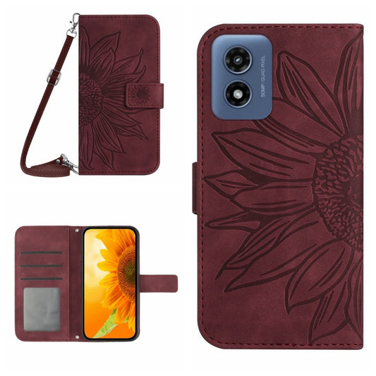 For Motorola Moto G Play 5G 2024 HT04 Skin Feel Sun Flower Embossed Flip Leather Phone Case with Lanyard(Wine Red) - Motorola Cases by buy2fix | Online Shopping UK | buy2fix