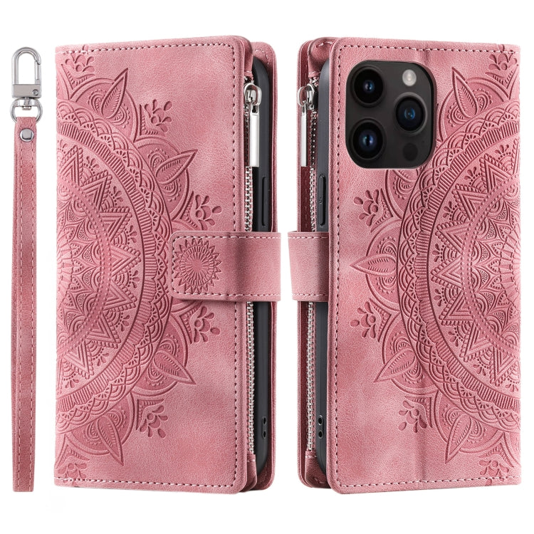 For iPhone 16 Pro Multi-Card Totem Zipper Leather Phone Case(Pink) - iPhone 16 Pro Cases by buy2fix | Online Shopping UK | buy2fix