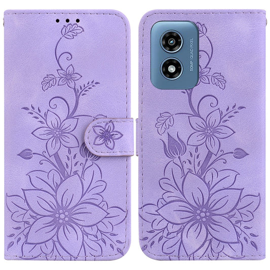 For Motorola Moto G Play 4G 2024 Lily Embossed Leather Phone Case(Purple) - Motorola Cases by buy2fix | Online Shopping UK | buy2fix