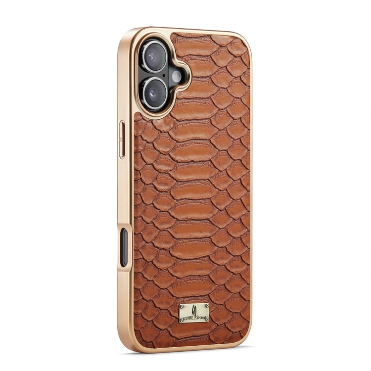 For iPhone 16 Fierre Shann Python Texture Electroplating PU Phone Case(Brown) - iPhone 16 Cases by FIERRE SHANN | Online Shopping UK | buy2fix