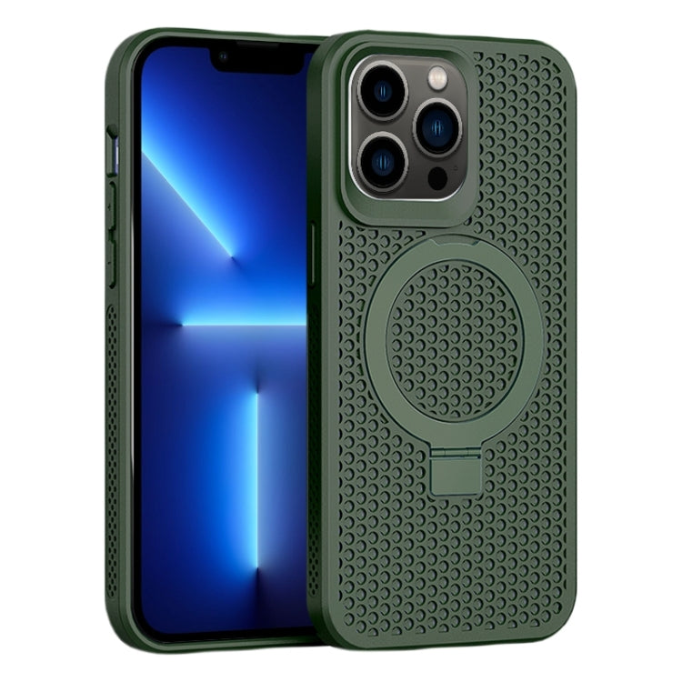 For iPhone 13 Pro Skin Feel PC+TPU Cooling Magnetic Magsafe Phone Case with Stand(Dark Green) - iPhone 13 Pro Cases by buy2fix | Online Shopping UK | buy2fix