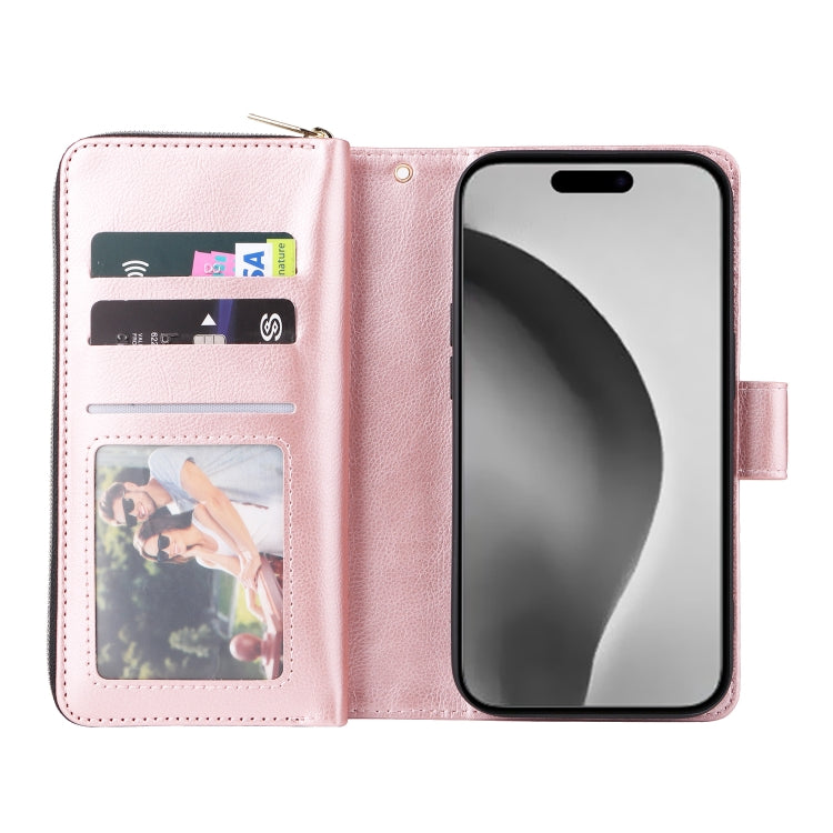 For iPhone 16 Pro Max 9 Card Slots Zipper Wallet Bag Leather Phone Case(Rose Gold) - iPhone 16 Pro Max Cases by buy2fix | Online Shopping UK | buy2fix