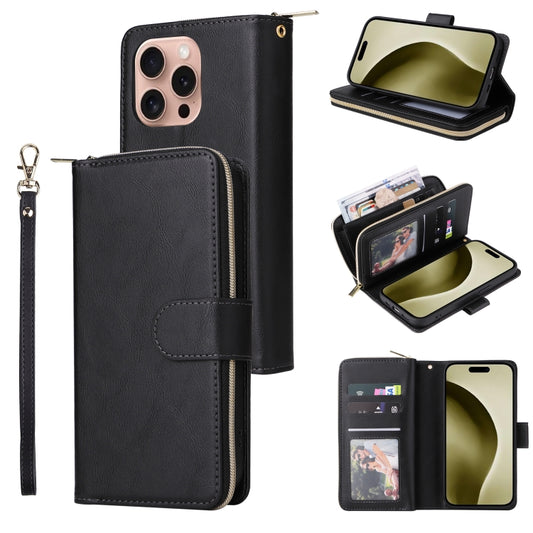 For iPhone 16 Pro 9 Card Slots Zipper Wallet Bag Leather Phone Case(Black) - iPhone 16 Pro Cases by buy2fix | Online Shopping UK | buy2fix