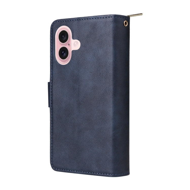 For iPhone 16 9 Card Slots Zipper Wallet Bag Leather Phone Case(Blue) - iPhone 16 Cases by buy2fix | Online Shopping UK | buy2fix